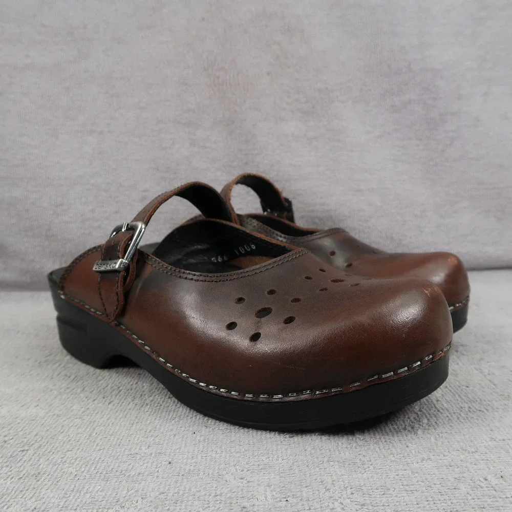 Dansko Shoes Womens 38 Mary Jane Mule Clogs Brown Leather Buckle Strap Slip On